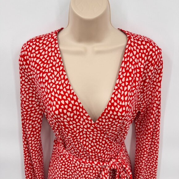 Ann Taylor Wrap Dress Womens 6 Red White Polyester Valentine's‎ Heart Print NEW - Picture 2 of 10